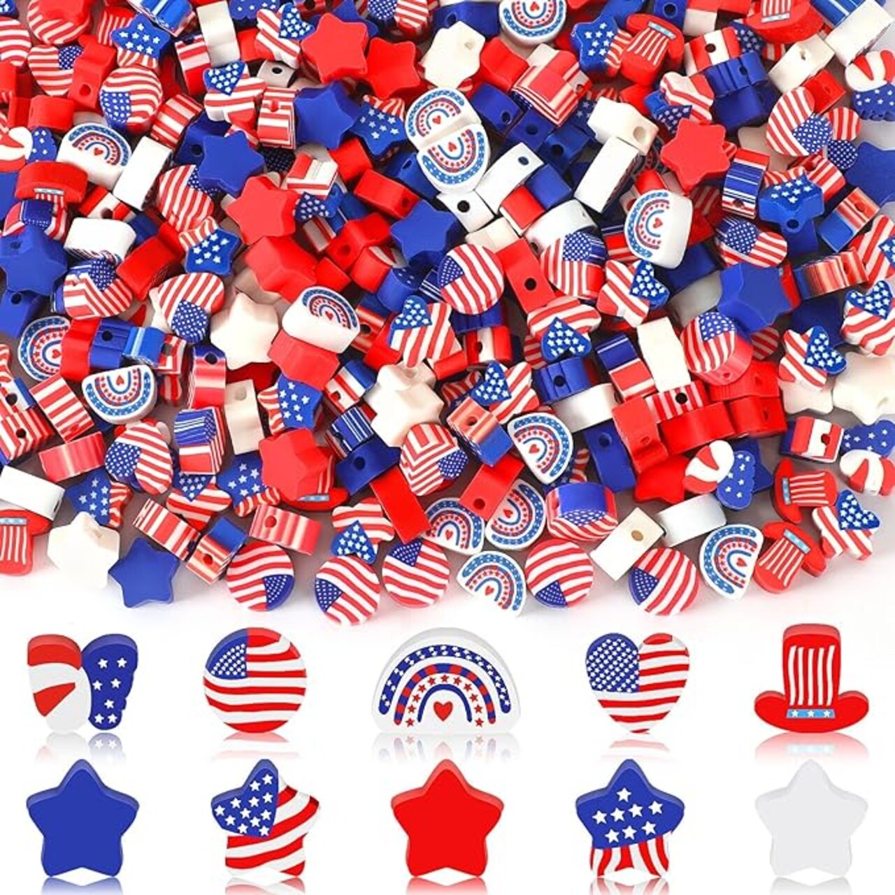 300Pcs Patriotic Polymer Clay Beads, Round Red White Blue Stars Hearts Circles Butterflies Hats Rainbows 4th of July American Flag Spacer Beads for Bracelet Necklace Making Earrings Craft